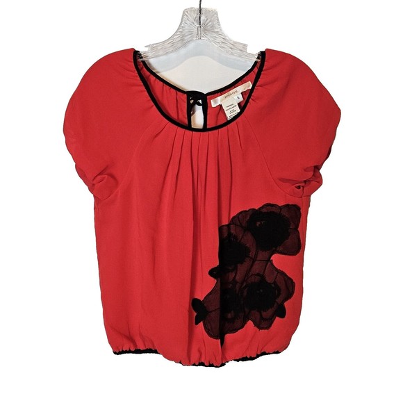 Studio M Tops - Studio M Womens Red Blouse Short Sleeve Floral Black Lace Size Small